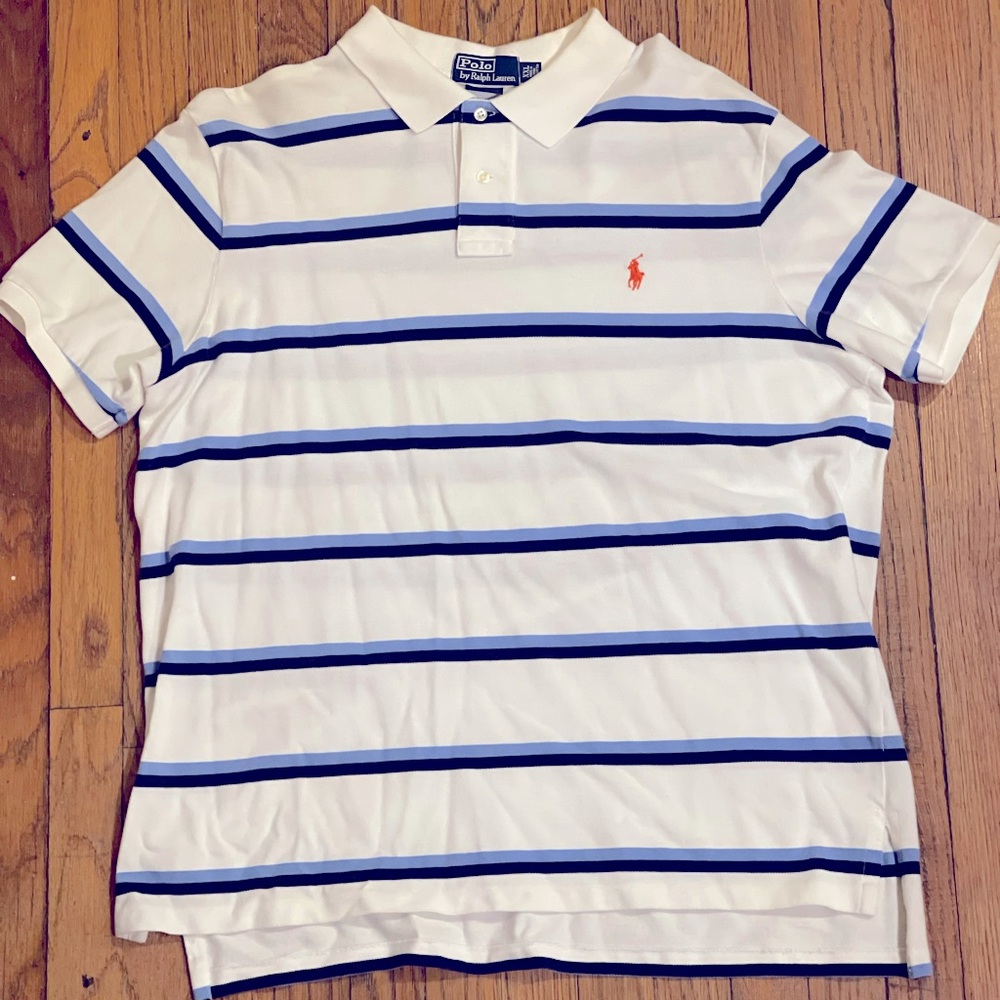 Polo Ralph Lauren Men’s white mesh shirt, navy & baby blue stripes orange pony